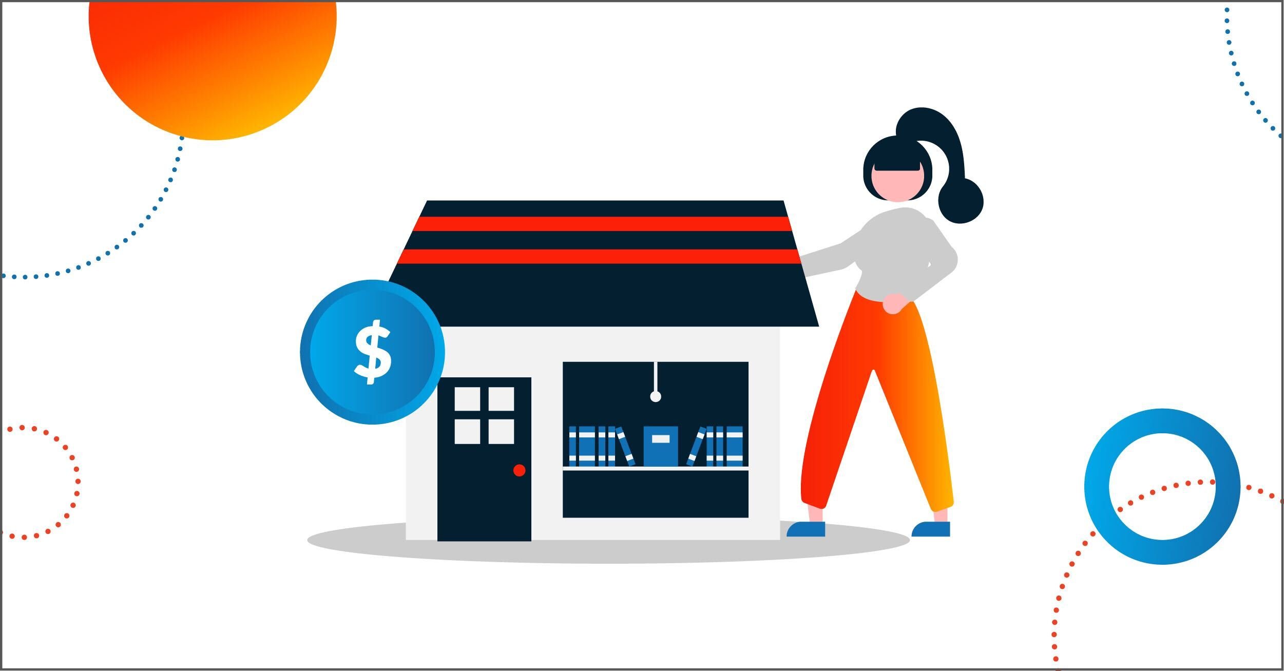 An illustration of a woman standing next to a small business, with a dollar sign.